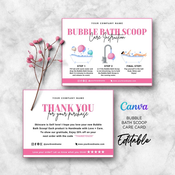 Bubble Bath Scoop Care Card, How to use Bubble Scoop, Bath Scoop Care Card, Bath Melts Care Card, Bath Scoop Instructions Editable Canva