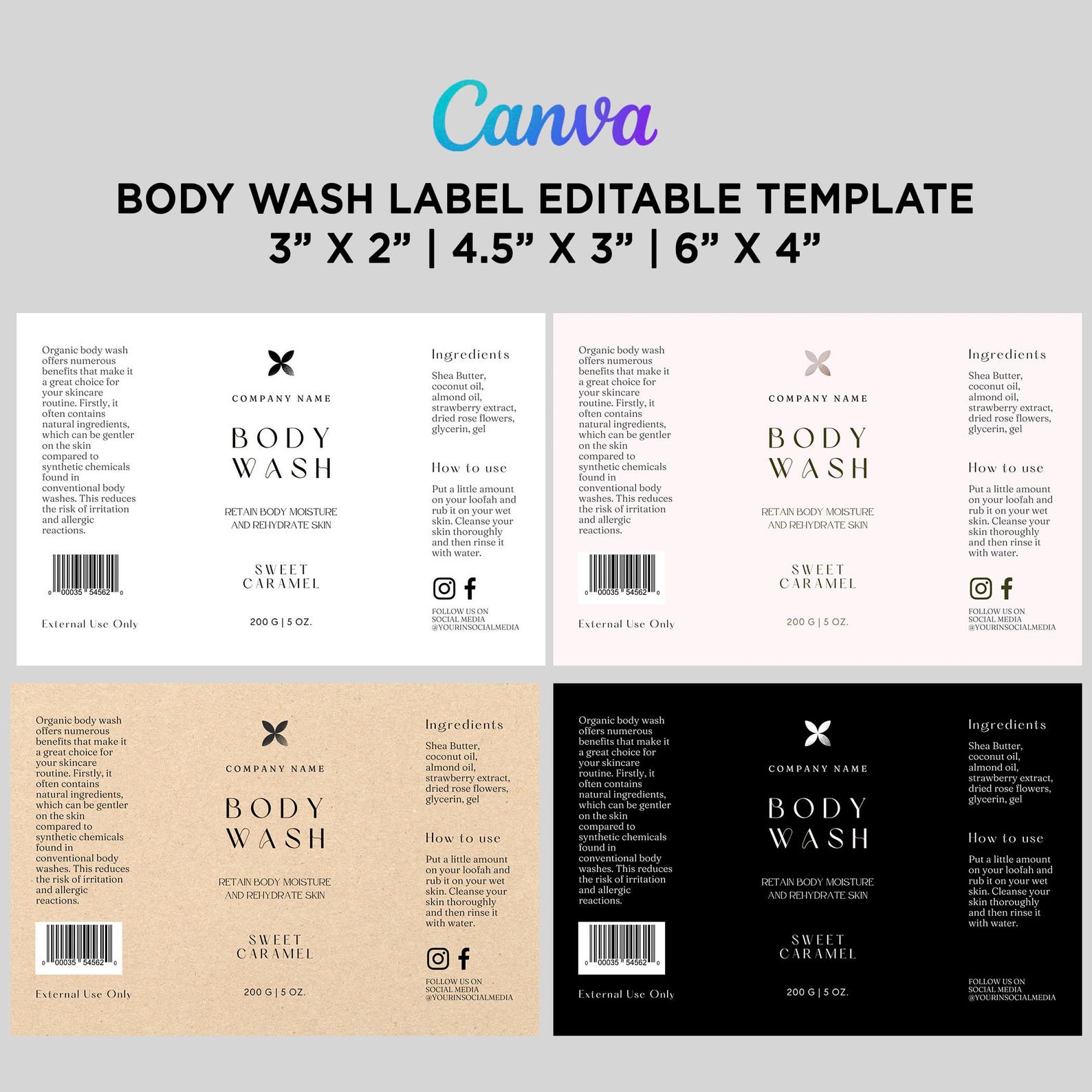 Pump Bottle Body Wash Label, Editable Body Care Product Packaging ...