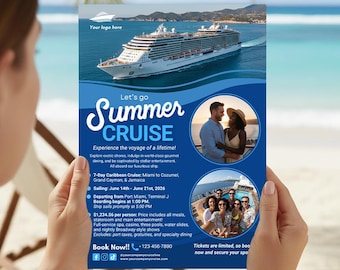 Summer Cruise Party Flyer Template, Caribbean Vacation Trip Event Poster Announcement, Editable Digital Cruise Travel Itinerary Canva Design