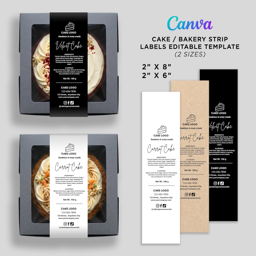Bakery Strip Labels Template for Cakes and Cupcakes, Editable Canva ...