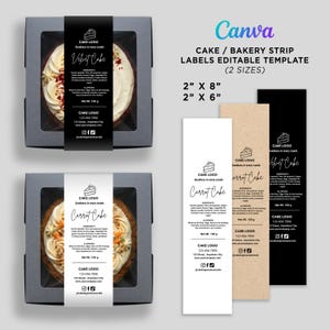 Plantilla de etiquetas de panadería para pasteles y cupcakes, etiqueta editable en Canva para caja de pastel, envoltura imprimible para empaque de pastelería, tamaños de 2 x 8 y 2 x 6 pulgadas
