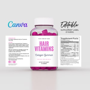 Labels for Hair Vitamins, Collagen Gummies Label, Hair Supplement Labels, Vitamins Labels, Hair Supplement Gummies Labels Editable Canva