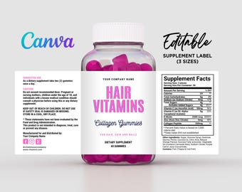 Labels for Hair Vitamins, Collagen Gummies Label, Hair Supplement Labels, Vitamins Labels, Hair Supplement Gummies Labels Editable Canva