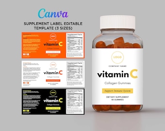 Vitamins C Labels, Gummies Label, Collagen Labels, Medicine Bottle Labels,  Vitamin Label, Supplement Label Template Editable Canva