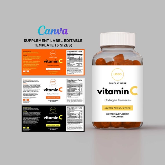 Vitamins C Labels, Gummies Label, Collagen Labels, Medicine Bottle Labels,  Vitamin Label, Supplement Label Template Editable Canva
