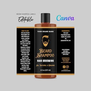 Beard Shampoo Label, Beard Wash Label Design, Beard Shampoo Bottle Label, Beard Grooming Care, Beard Care, Beard Kit Template Editable Canva