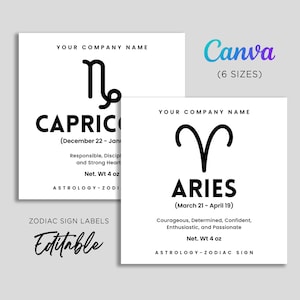 Zodiac Sign Square Labels, Horoscope Candle Label, Astrology Candles, Birth Symbol Horoscope Labels, Zodiac Sign Template Editable Canva