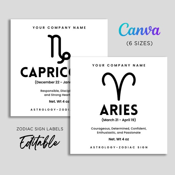 Zodiac Sign Square Labels, Horoscope Candle Label, Astrology Candles, Birth Symbol Horoscope Labels, Zodiac Sign Template Editable Canva