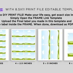 May include: Printable template for creating labels in four different sizes: 3 x 2 inches, 4 x 2.5 inches, 5 x 3 inches, and 6 x 4 inches. Each label features a green grassy hill with a blue sky and white clouds.