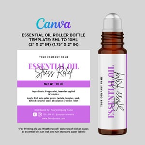 May include: A brown essential oil roller bottle with a white and purple label. The label reads "Essential Oil Stress Relief" and includes the text "Net Wt. 10 ml". The image also includes the text "Canva" and template dimensions.