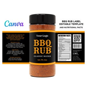BBQ Rub Wrap Label Design, Barbeque Rub 4oz Clear Bottle, Barbeque Seasoning Label, BBQ Rub Black Label Design, Editable Template at Canva.