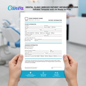 Printable Dental Clinic Patient Information, Dental Office Forms, New Patient Dental Forms, Dental Consent Forms Editable Template Canva