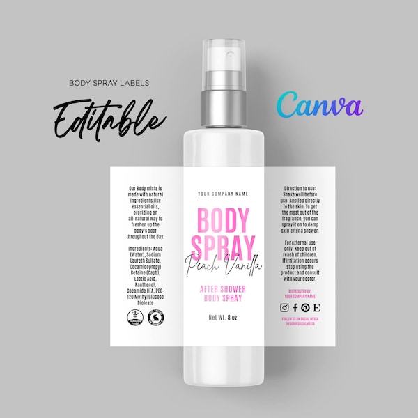 Modèle de spray corporel, étiquettes de spray corporel, étiquettes de parfum pour le corps, jet après douche, étiquettes de brume corporelle, modèle modifiable de spray corporel 8 oz sur Canva