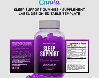 Editable Melatonin Gummies Label Template, Sleep Support Supplement Gummy Bottle Label Sticker, Digital Download for Small Business