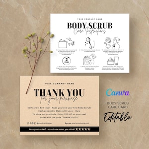 Body Scrub Card, Bath Scrub Care Instructions, How to Use Body Scrub, Thank You Body Scrub, Body Scrub Care Card Editable Template Canva