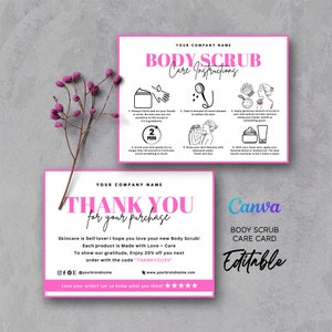 Body Scrub Instruction Card, Bath Scrub Care Instruction Card, How to Use Body Scrub, Thank You Body Scrub Care Card Editable Template Canva