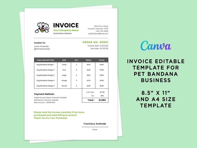 Printable Dog Bandana Business Invoice Form Pet Bandana Etsy