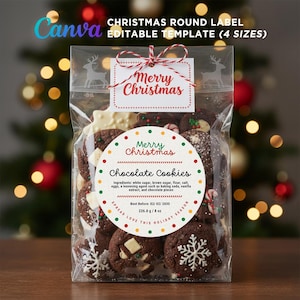 Editable Christmas Round Label Template, Chocolate Cookie Cicle Gift Tags, Christmas Box Packaging, Christmas Party Food Label Sticker Canva