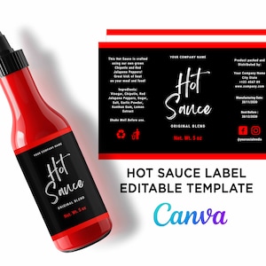 Bewerkbaar label voor hete saus, afdrukbaar label voor hete sausfles, fles hete saus van 5 oz, etiket hete saus omslag, sjabloon voor hete saus bewerkbaar bij Canva