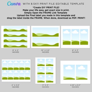 May include: A Canva template with various print file sizes, including 9" x 2", 10" x 3.5", 6" x 3", 2" x 3.5", 3" x 3", and 4.25" x 5.5" inches. Each template features a landscape design with green hills and a blue sky.