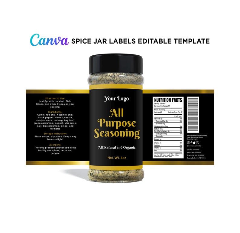 Editable black and gold all-purpose seasoning spice jar label template featuring Canva branding, nutrition facts, and ingredients layout.
