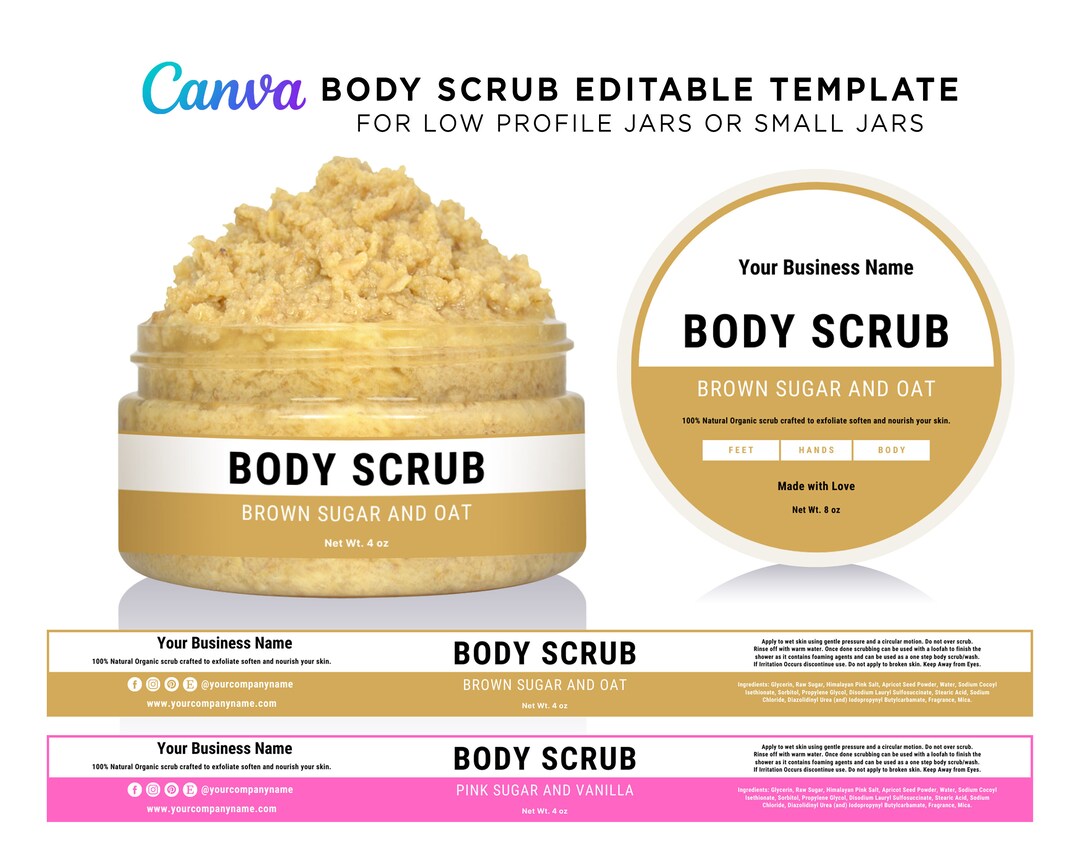 Editable Body Scrub Label for Low Profile Jars, Sugar Scrub Label