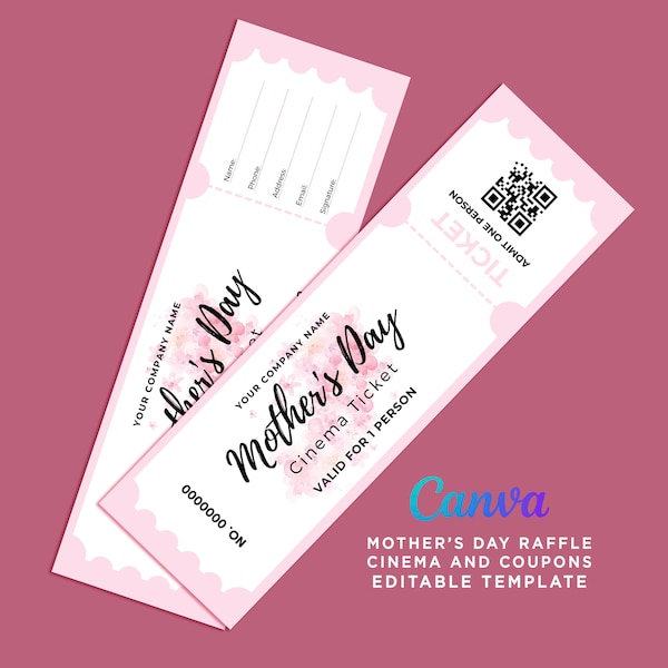 Mother's Day Raffle Tickets, Mothers Day Movie Ticket, Mother's Day Massage, Mother's Day Gifts, Mothers Day Coupon Editable Canva Template