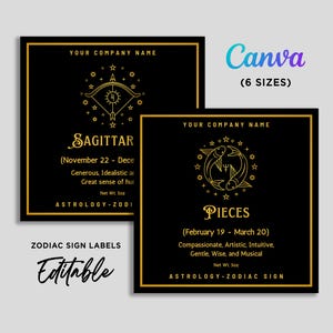 Black Gold Zodiac Label, Horoscope Label, Astrology Labels, Birth Symbol, Horoscope Candle Label, Zodiac Sign Candle Template Editable Canva