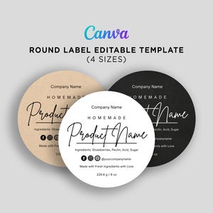 Op de afbeelding: Rond etiket sjabloon met de tekst "Canva" bovenaan. De etiketten zijn in drie kleuren: beige, wit en zwart. Elk etiket heeft de tekst "Product Name" in cursief en de tekst "Homemade" erboven.