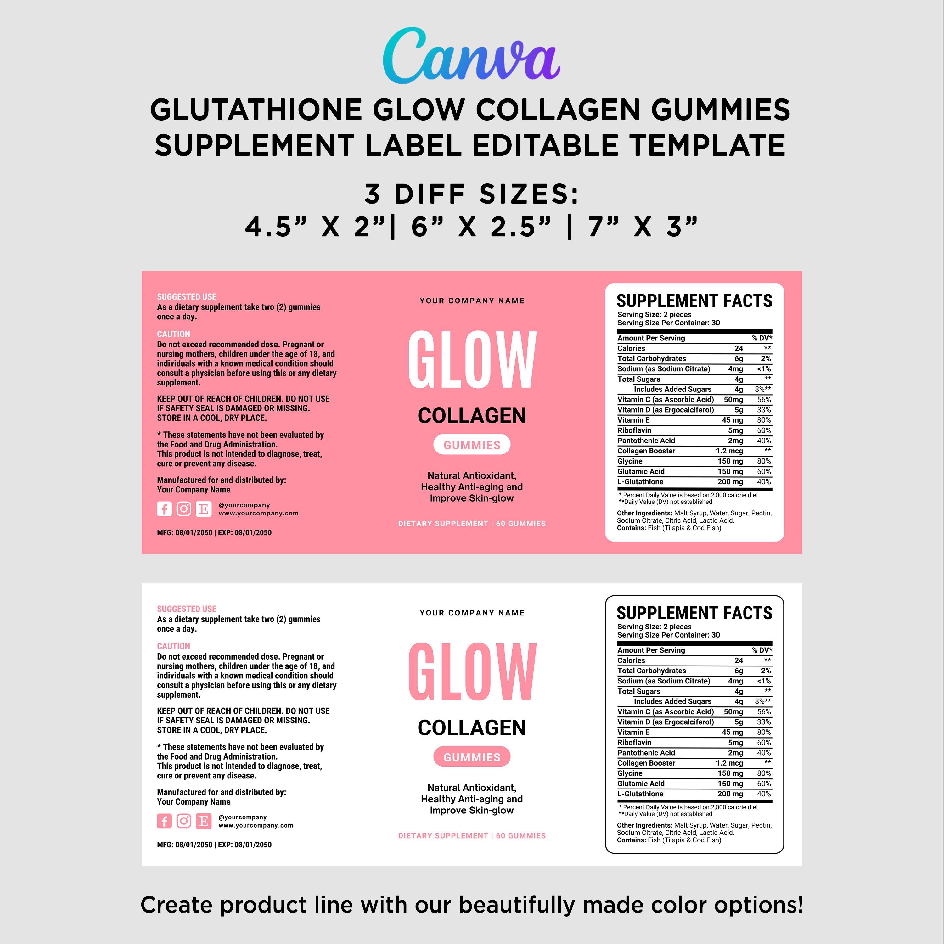 Glutathione Gummy Label, Glow Collagen Gummies Design, Skin Vitamin  Supplement Label, Editable Pill Bottle Supplement Facts Template Canva
