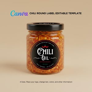 Chili Oil Label, Chili Garlic Label, Homemade Product Label, Chili Oil Mason Jar Labels, Chili Oil Jar, Round Label Editable Template Canva