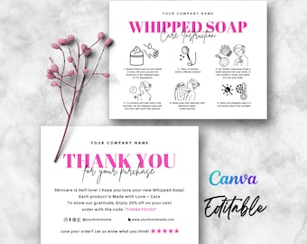 Whipped Soap Care Cards, How to Use Whipped Soaps, Foaming Soap Instruction Care Card, Fluffy Whipped Soap Editable Care Card Template Canva