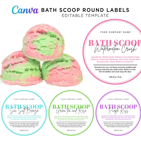 Bath Scoops Labels, Ice Cream Bubble Scoops Labels, Bubble Bath Melts Label, Bubble Bath Truffles, Bubble Bath Scoop Editable Template Canva