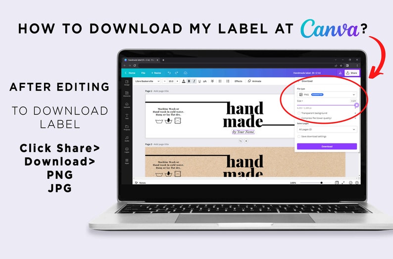 K&ouml;nnte beinhalten: Ein Screenshot einer Canva-Designoberfl&auml;che, die ein Etikett mit dem Text "hand made" in schwarzer Schrift auf braunem Hintergrund zeigt. Die Download-Optionen sind in der oberen rechten Ecke des Bildschirms sichtbar.
