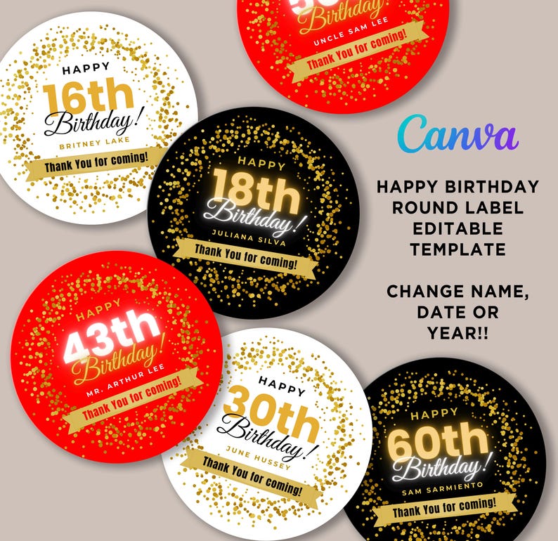 Editable Birthday Round Template Canva, Thank You Stickers, Custom ...