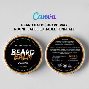 May include: Two round metal tins of beard balm. The labels are black with gold trim and white text. One tin reads "BEARD BALM UNSCENTED 0.5 fl oz (15 grams)". The other tin lists ingredients and directions. The text "BEARD BALM | BEARD WAX" is at the top.