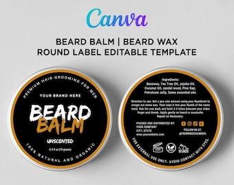 Natural Beard Balm Label, Men's Hair Care Packaging, Beard Balm Tin Can Label, Beard Care Labels, Beard Wax Editable Template Canva