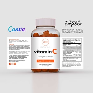 Op de afbeelding: Een doorzichtige plastic fles gevuld met oranje vitamine C gummies. Het etiket vermeldt "vitamin C Collagen Gummies Support Immune System Dietary Supplement 60 Gummies". Het etiket bevat ook een logo en de bedrijfsnaam.