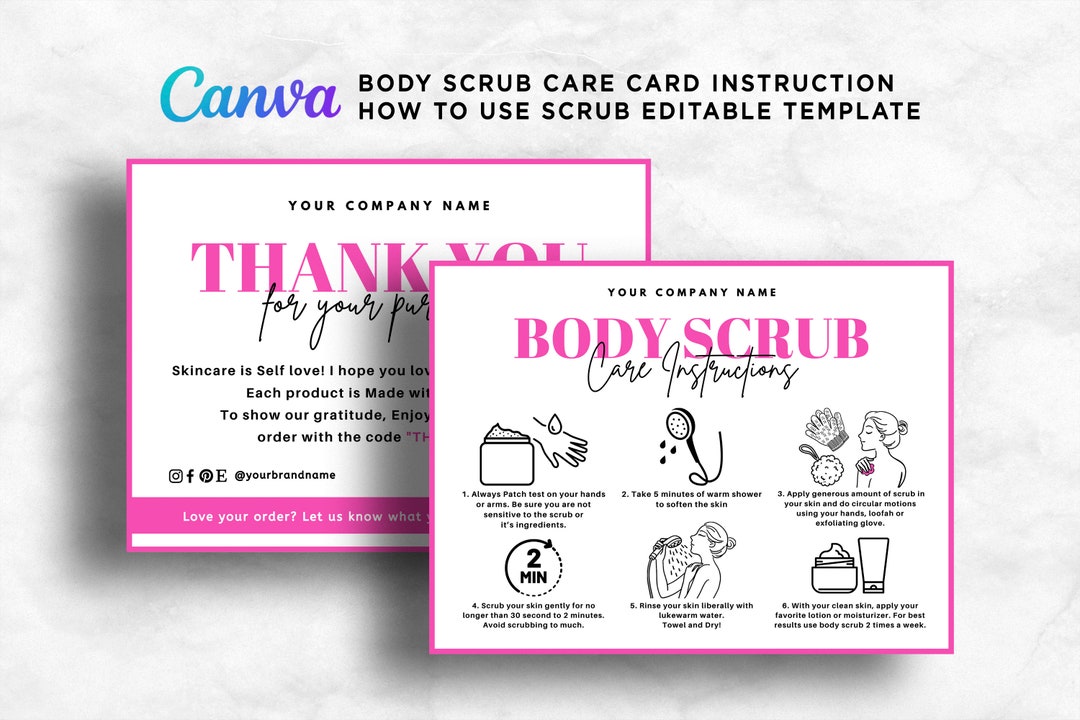 Body Scrub Instruction Card, Bath Scrub Care Instruction Card, How to