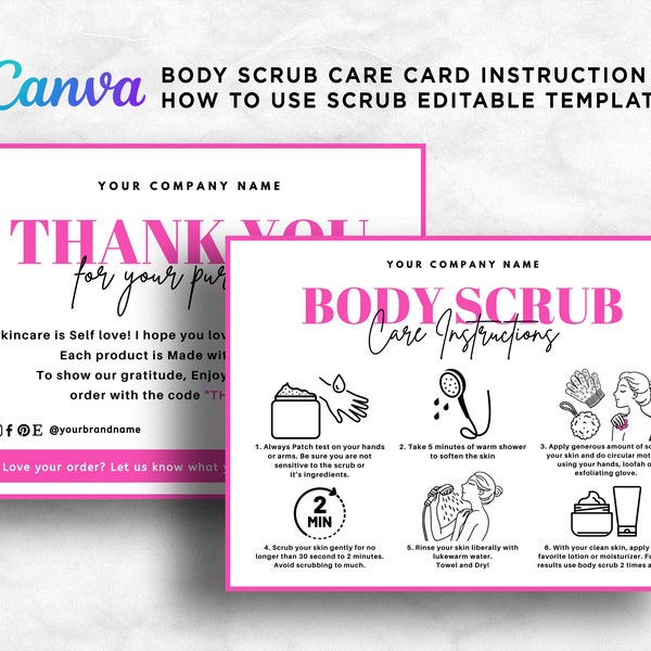 Body Scrub Instruction Card, Bath Scrub Care Instruction Card, How to Use Body Scrub, Thank You Body Scrub Care Card Editable Template Canva