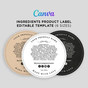 Printable Product Ingredients Label, Ingredients Back Circle Label, Direction for use, Custom Ingredients Label, Editable Template in Canva