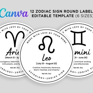 Etykiety okrągłe ze znakiem zodiaku, świece ze znakiem zodiaku, świeca horoskopowa, etykieta ze znakiem zodiaku, etykiety astrologiczne, szablon znaku zodiaku edytowalny Canva