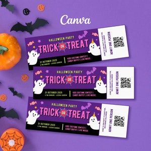 Halloween Tickets, Halloween Party Entry Ticket, Costume Party Ticket, Trick or Treat Ticket, Editable Halloween, Halloween Templates Canva