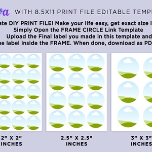 May include: A digital template for creating printable labels, featuring three sets of circular designs with landscape illustrations. The template offers sizes of 2x2 inches, 2.5x2.5 inches, and 3x3 inches, with instructions for use.