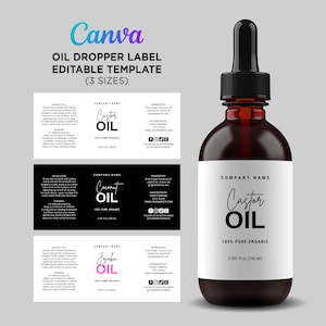 May include: A brown glass oil dropper bottle with a black cap and a white label. The label reads "Castor Oil 100% Pure Organic" and includes a 3.381 fl oz (100 ml) measurement. Three label templates are also shown.