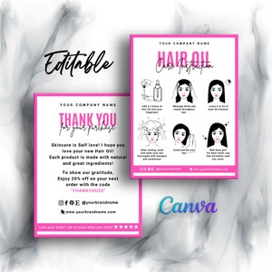 Hair Oil Care Card, Hair Growth Oil Care Card, How to use Hair Oil, Hair Oil Application, Hair Oil Care Instructions Editable Template Canva