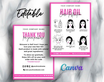 Hair Oil Care Card, Hair Growth Oil Care Card, How to use Hair Oil, Hair Oil Application, Hair Oil Care Instructions Editable Template Canva