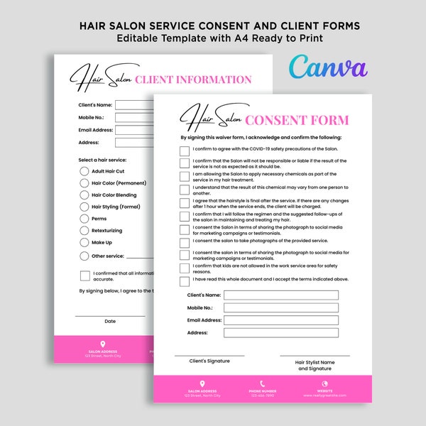 Printable Hair Salon Consent Form, Hair Salon Service Form, Hair Salon Client Information Form, Hair Salon Designs Editable Template Canva