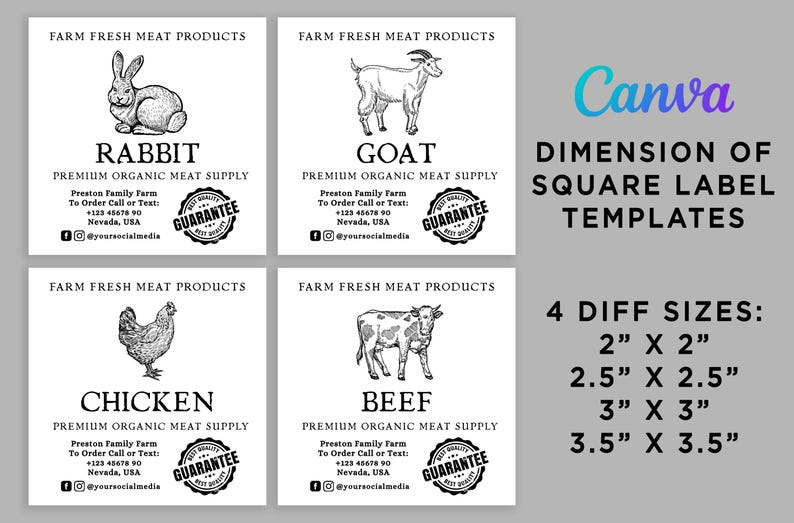 Farm Fresh Meat Label Template: Editable Square Canva Labels (digital ...