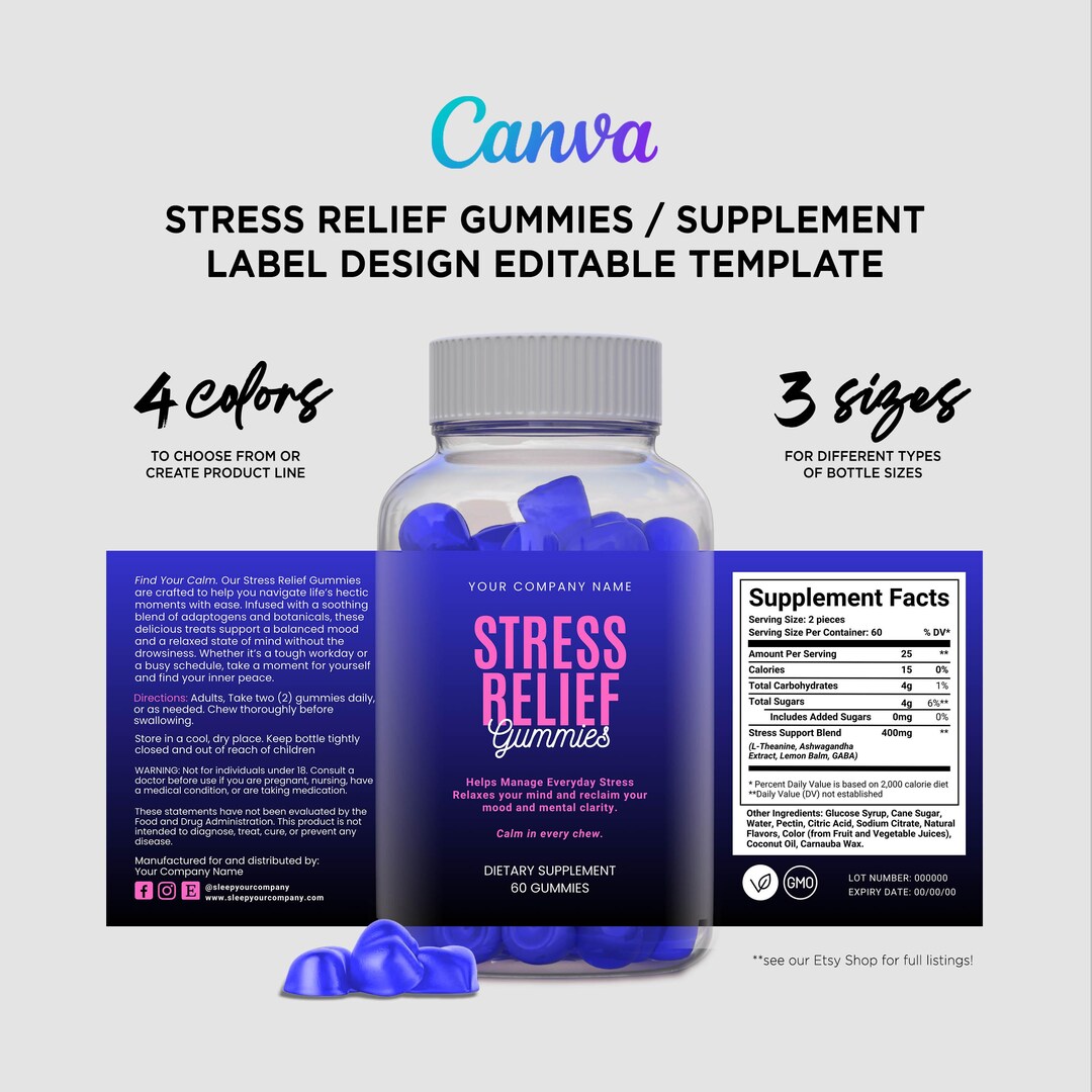 Supplement Sticker Editable Stress Relief Gummy Label Template, Canva Supplement Bottle ...